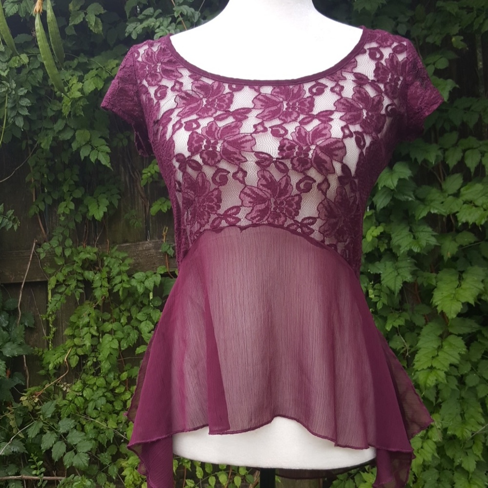Studio Y Maroon Burgundy Floral Lace Top S